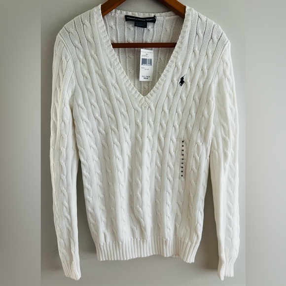 NWT Ralph Lauren Sport White Cable Knit V-Neck Sweater Size M - Picture 1 of 5